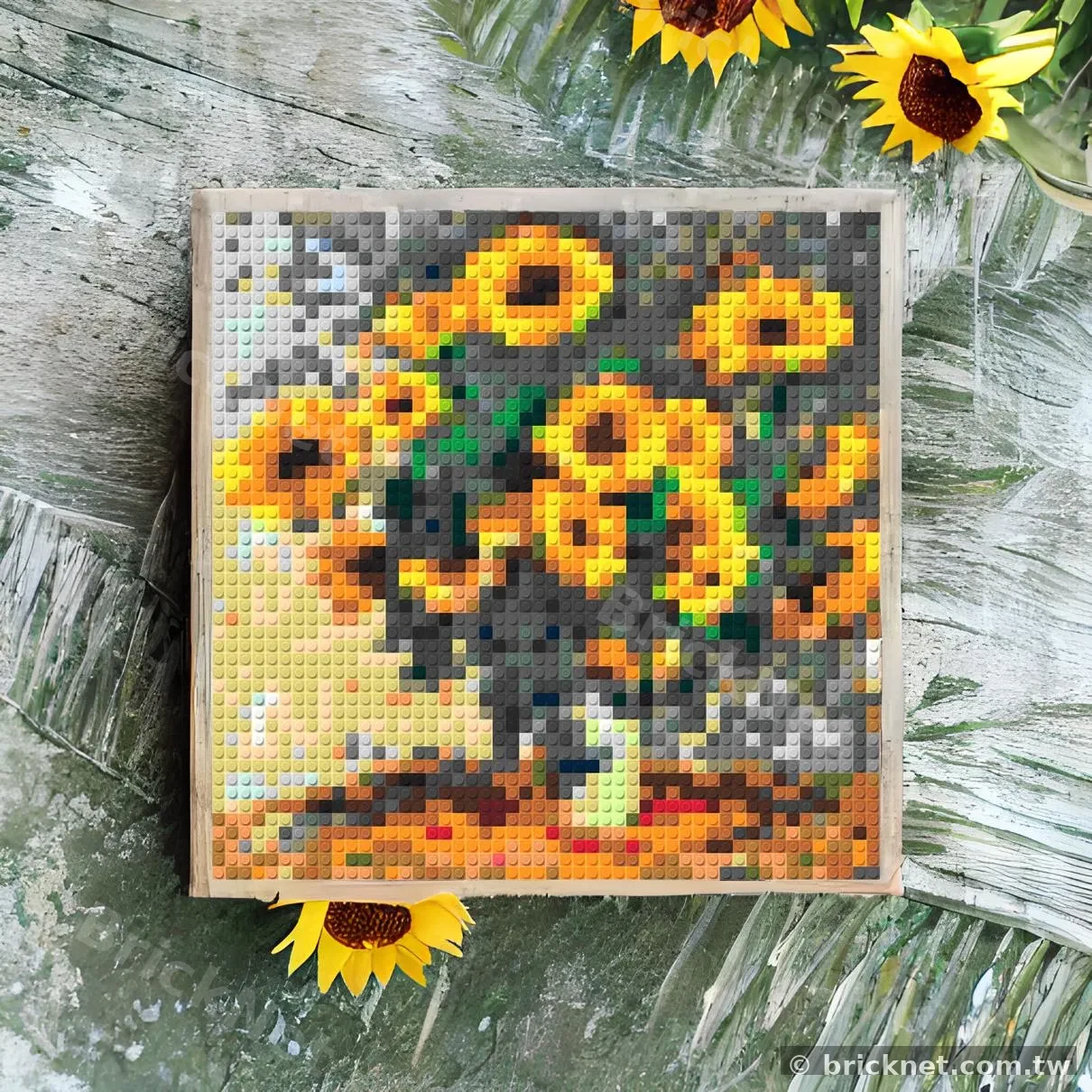 « Tournesols » de Van Gogh en mosaïque de briques — œuvre client BrickNet