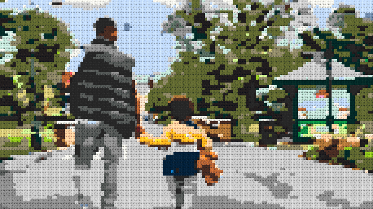 Landscape brick art inspiration of a father and child walking hand in hand