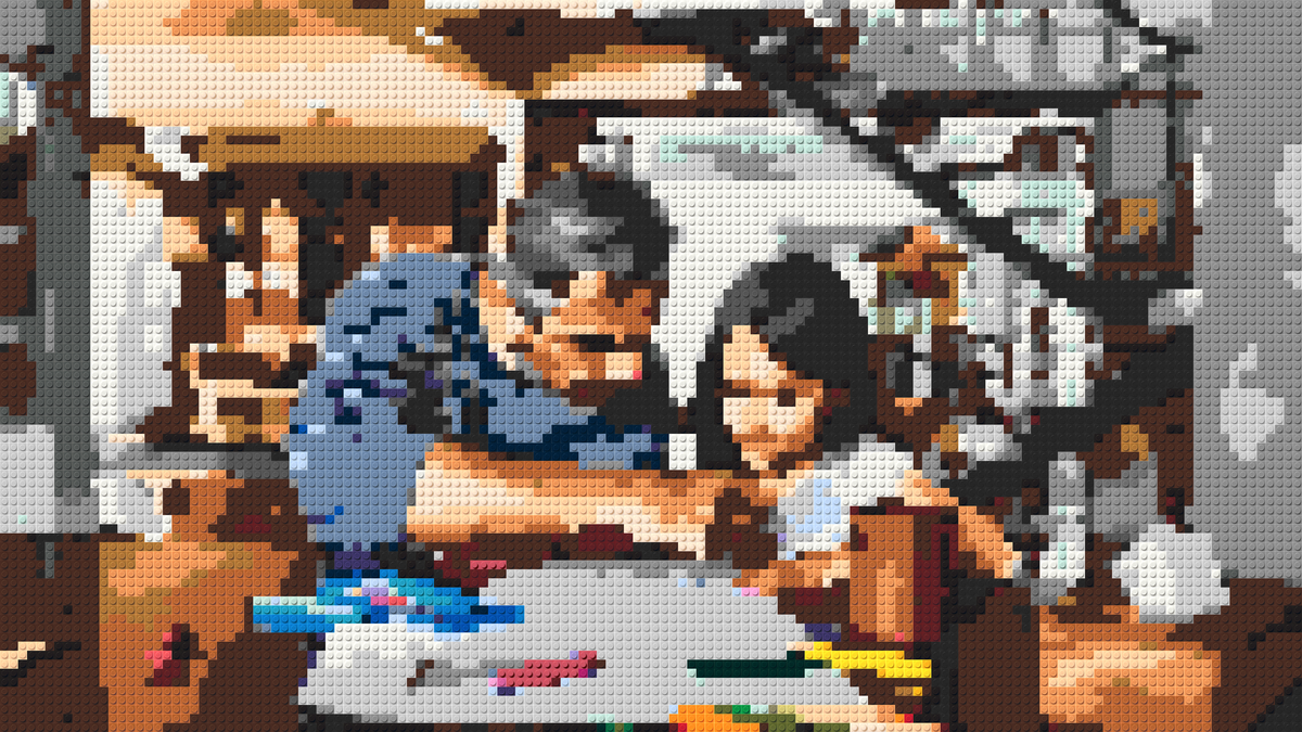 Landscape brick art inspiration of a father and daughter drawing together