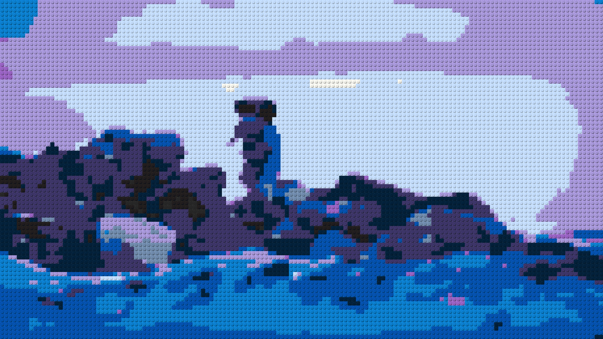 Landscape brick art inspiration of a father and child at the beach at dusk