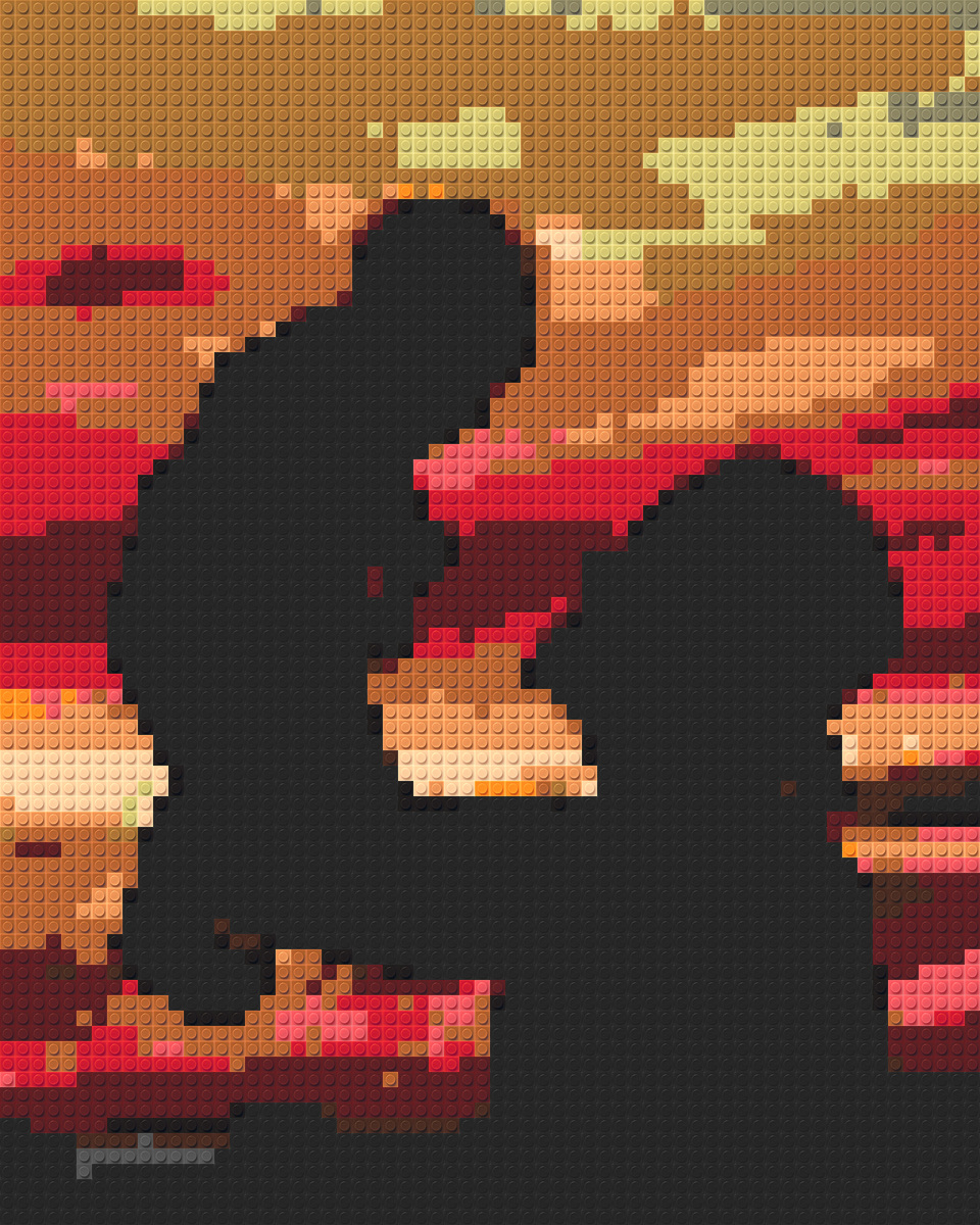 Portrait brick art inspiration of a father lifting his child at sunset