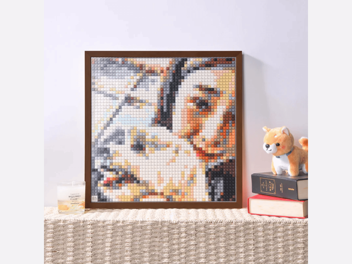BrickNet photo brick mosaic displayed at home, showing brick texture, wood frame, and converted colors for Father's Day