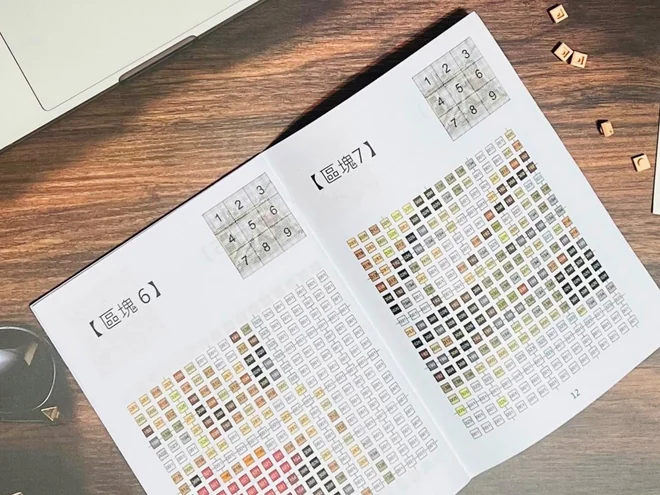 攤開的拼裝手冊,上面是分區塊的色號對照圖